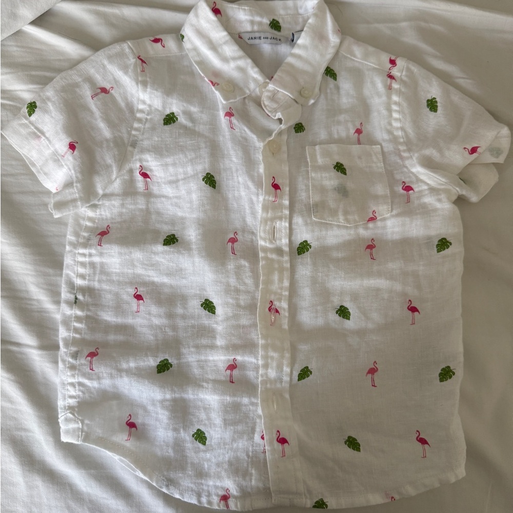 Janie and Jack White Shirt with Pink Flamingos and Green Trees